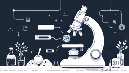 Illustration of a microscope with scientific elements showcasing research and innovation in a modern lab setting.