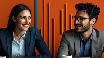 Two smiling professionals engaging in cheerful conversation during a business meeting in a vibrant office setting