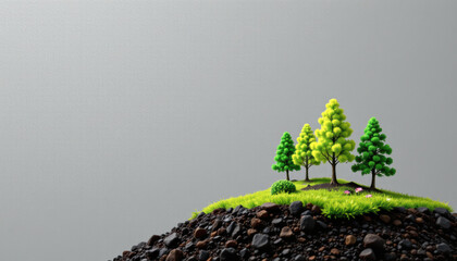 Miniature landscape with vibrant green trees on a mound of soil, illustrating nature's beauty in a simple format.