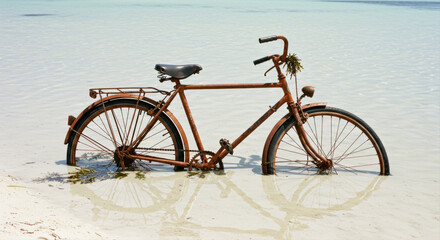 Fototapeta premium Rusty bicycle in shallow water on beach