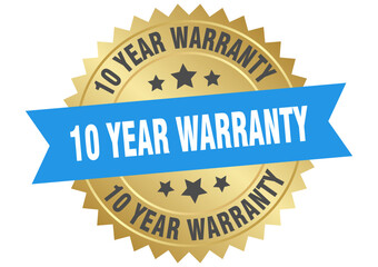 10 year warranty. 10 year warranty round blue and gold label isolated on transparent background