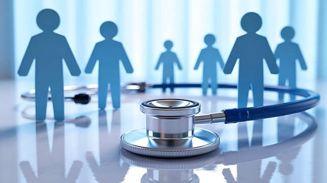Symbolic representation of healthcare and medical services with a stethoscope and blue paper cutouts of people in a circle