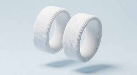 A pair of white, cylindrical sports wristbands with a textured fabric and a subtle sparkle, floating elegantly in a tranquil light blue setting.