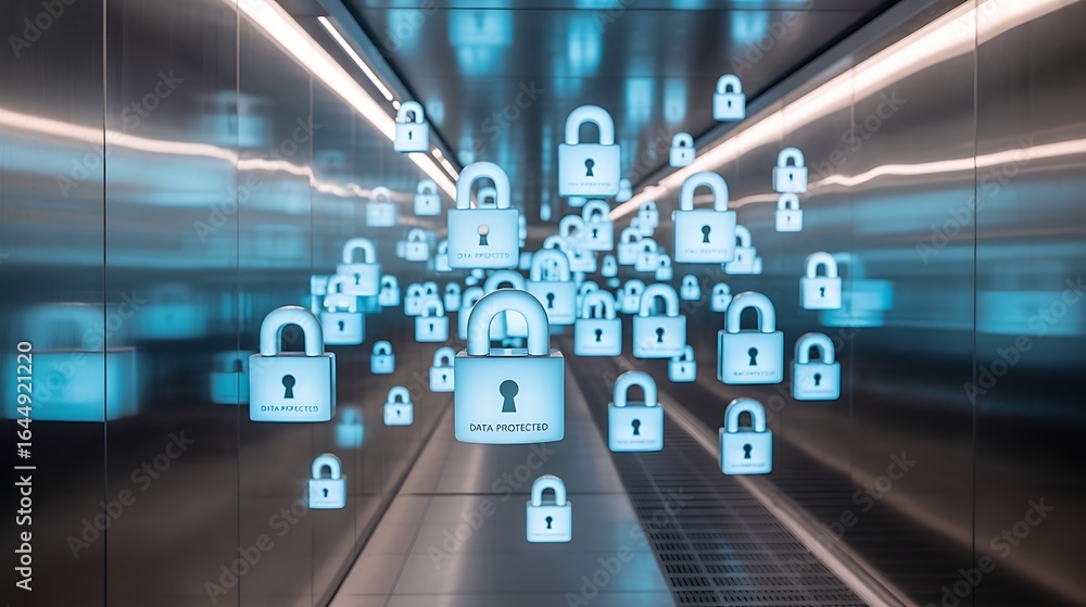 Poster numerous glowing blue padlocks with keyhole icons float in a futuristic corridor security data prote