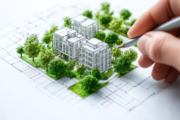 Urban planning sustainable city design green architecture hand drawing skyscrapers. Architect designing modern high-rise residential building area model.	