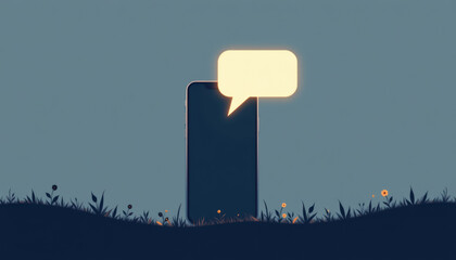 Smartphone in nature with a speech bubble, symbolizing communication and connection in a digital age.