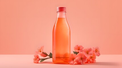 Vibrant orange juice bottle adorned with delicate botanical label design, showcasing fresh citrus beverage in clear glass packaging, ideal for refreshing summer drinks and red wine bottle and glass