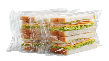 Freshly made sandwiches wrapped in clear plastic packaging isolated on transparent background