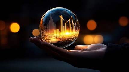 A hand gently holding a transparent sphere revealing an illuminated city skyline and a rising financial graph
