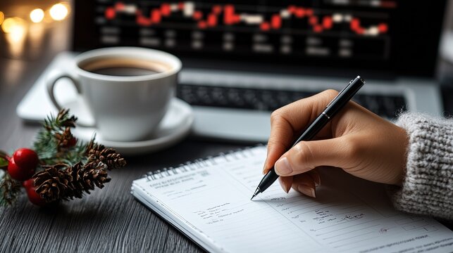 Close up Hand in grey sweater writing in a notebook Coffee cup laptop with financial charts and festive decor on a dark table