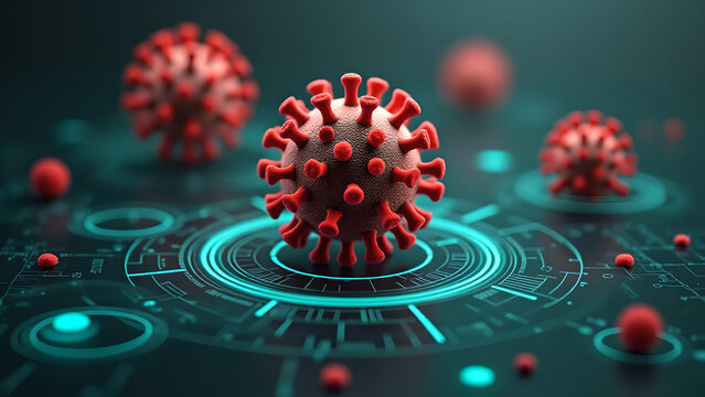 High-Resolution Digital Illustration of Coronavirus with Futuristic HUD Interface on Dark Background