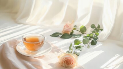 Tranquil Morning Tea with Soft Roses and Gentle Light Rays