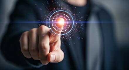Person touches futuristic interface with glowing digital energy circles
