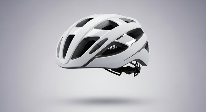 A sleek white cycling helmet, with its ventilated design and aerodynamic shape, floats against a soft gray background, emphasizing its modern and secure look.