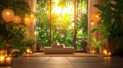 Tranquil Spa Interior with Natural Light and Lush Green Plants