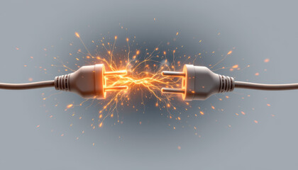 Two electric plugs connect, creating sparks and energy, symbolizing the power of electricity and innovation.