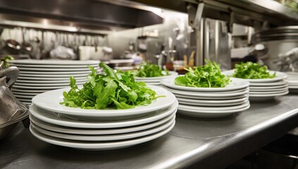 Stacks of pristine white plates await, each topped with a vibrant portion of fresh arugula, ready for service in a professional kitchen setting