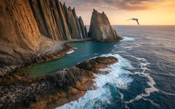 Dramatic coastal cliffs and turquoise water with a seagull flying at sunset rock formation
