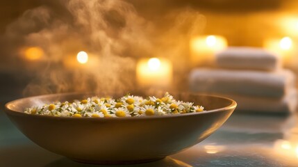 Tranquil Spa Scene with Chamomile Flowers and Soft Candlelight Glow