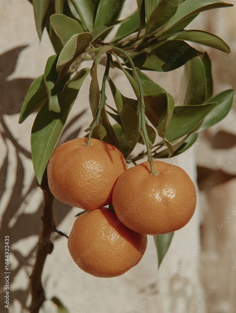 Poster three oranges hanging from a tree branch. the oranges are bright orange in color and appear to be fr