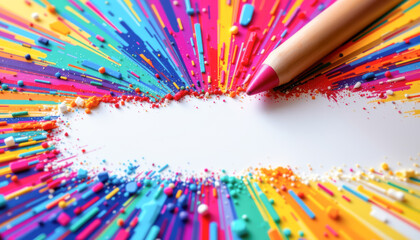 Vibrant multicolored design with a crayon and colorful shavings on a blank canvas, perfect for creative projects.