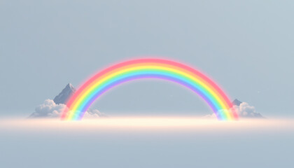 Vibrant rainbow arcs over misty mountains, creating a serene and enchanting landscape in soft pastel colors.