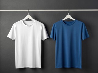 Two plain t shirts hanging on a rack against a dark background