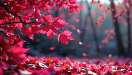 Vibrant red leaves cascading softly in a serene forest, capturing the beauty of nature's autumn transformation.