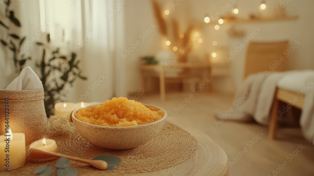 Poster tranquil spa setting with natural elements and soft lighting