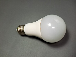 An LED bulb rests on a simple grey backdrop, showcasing its round shape and the metallic screw base, conveying a sense of modern efficiency and sustainable lighting solutions.