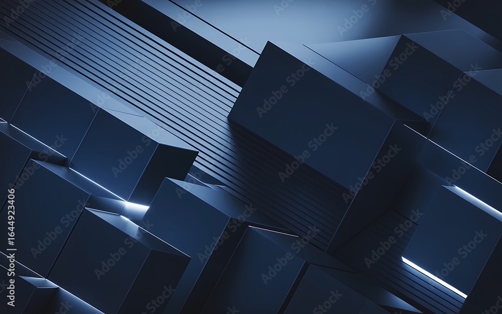 Poster abstract dark blue geometric cubes with light streaks and parallel lines background