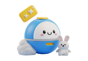 Adorable Cartoon Bomb Character with Rabbit Toy Featuring Pastel Blue and White Colors on Isolated Background
