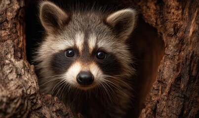 Raccoon Portrait Peeking from a Tree Hollow with Curious Eyes and Detailed Fur