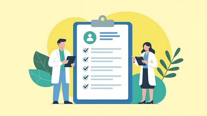 Two doctors in white coats standing beside a large clipboard with a checklist and patient information representing medical care and health assessment