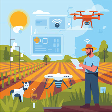 Farmer using drones and technology in a field with a cow and the sun shining in a blue sky day view