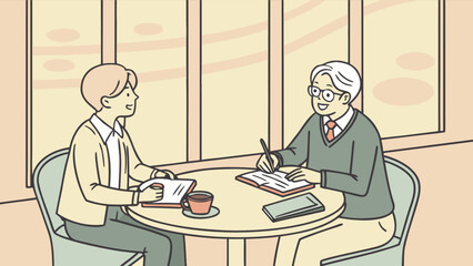 Illustration of business meeting in cafe with coffee and notebook for discussion and planning project