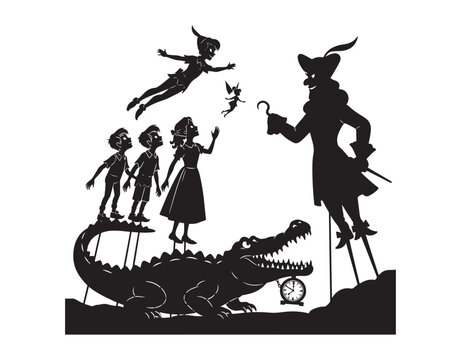 Silhouettes of Peter Pan, along with a girl, boys, Captain Hook, Tinker Bell, and a Crocodile, set against a white backdrop. Telling the story of Peter Pan.