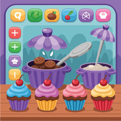 Cartoon illustration of cupcakes and cooking pots with ingredients on a wooden table and purple background