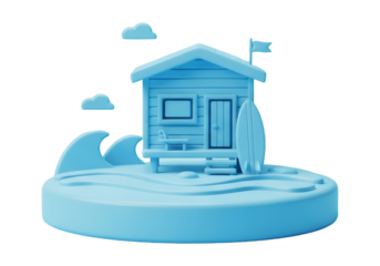 Azure Beach House With Surfboard on Sandy Beach Scene Under a Cloudy Sky in a Stylized 3D Render With Blue Palette
