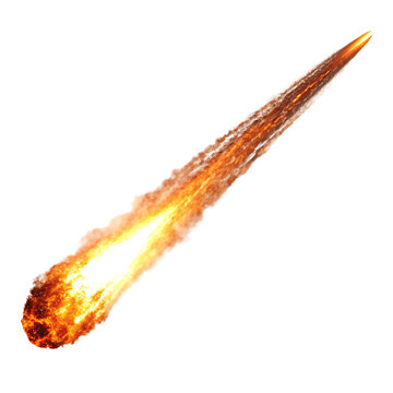 A single fiery meteor or asteroid falling down isolated on a transparent background png