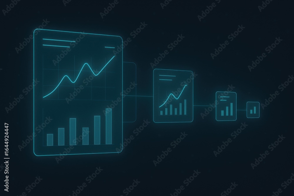 Poster shrinking data reports with graphs representing output reduction in progressive frame sizes