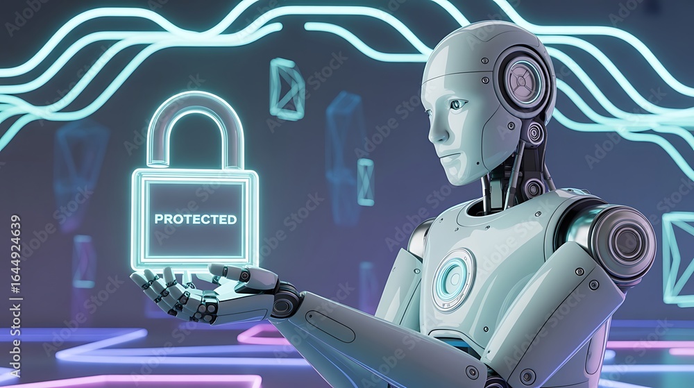 Poster robot holding glowing neon protected padlock against digital network background android artificial i