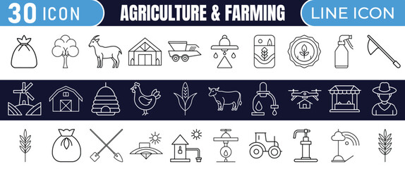 Minimal Agriculture and Farming Line Icons, Outline Vector Symbols for Crops, Livestock, Farm Tools, and Rural Life Design