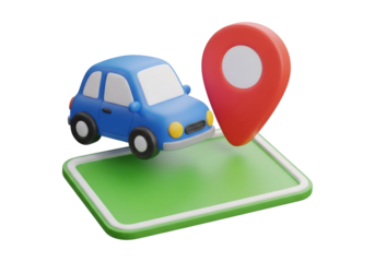 Blue Car on Green Map with Red Pin Illustration for Navigation and Transportation in a Clean Digital Render on Black Backdrop