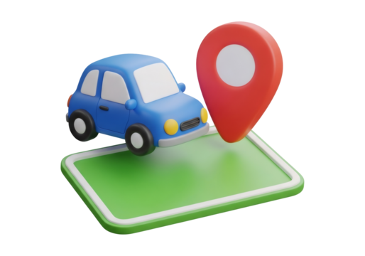 Blue Car on Green Map with Red Pin Illustration for Navigation and Transportation in a Clean Digital Render on Black Backdrop