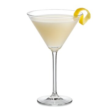 A close-up of a cocktail in a martini glass, showing its creamy color and decorative lemon peel