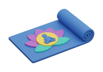Blue Yoga Mat Rolled with Lotus Flower and Silhouette Meditating Figure in Yellow Circle Center and Isolated Black Background