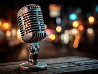 Weathered vintage microphone on rustic wood, blurred city lights backdrop