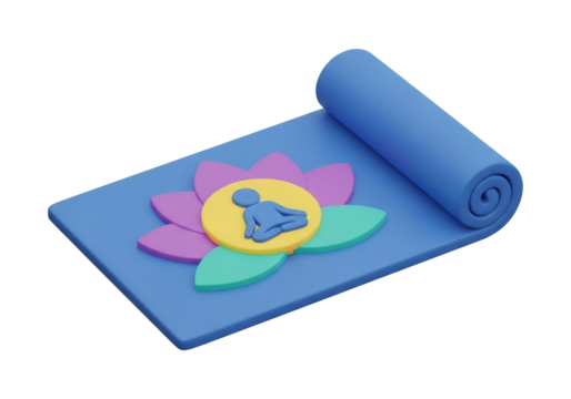 Blue Yoga Mat Rolled with Lotus Flower and Silhouette Meditating Figure in Yellow Circle Center and Isolated Black Background