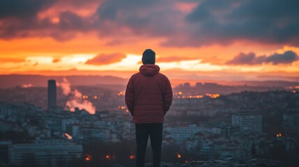 Fototapeta premium Man looking at the cityscape in the evening